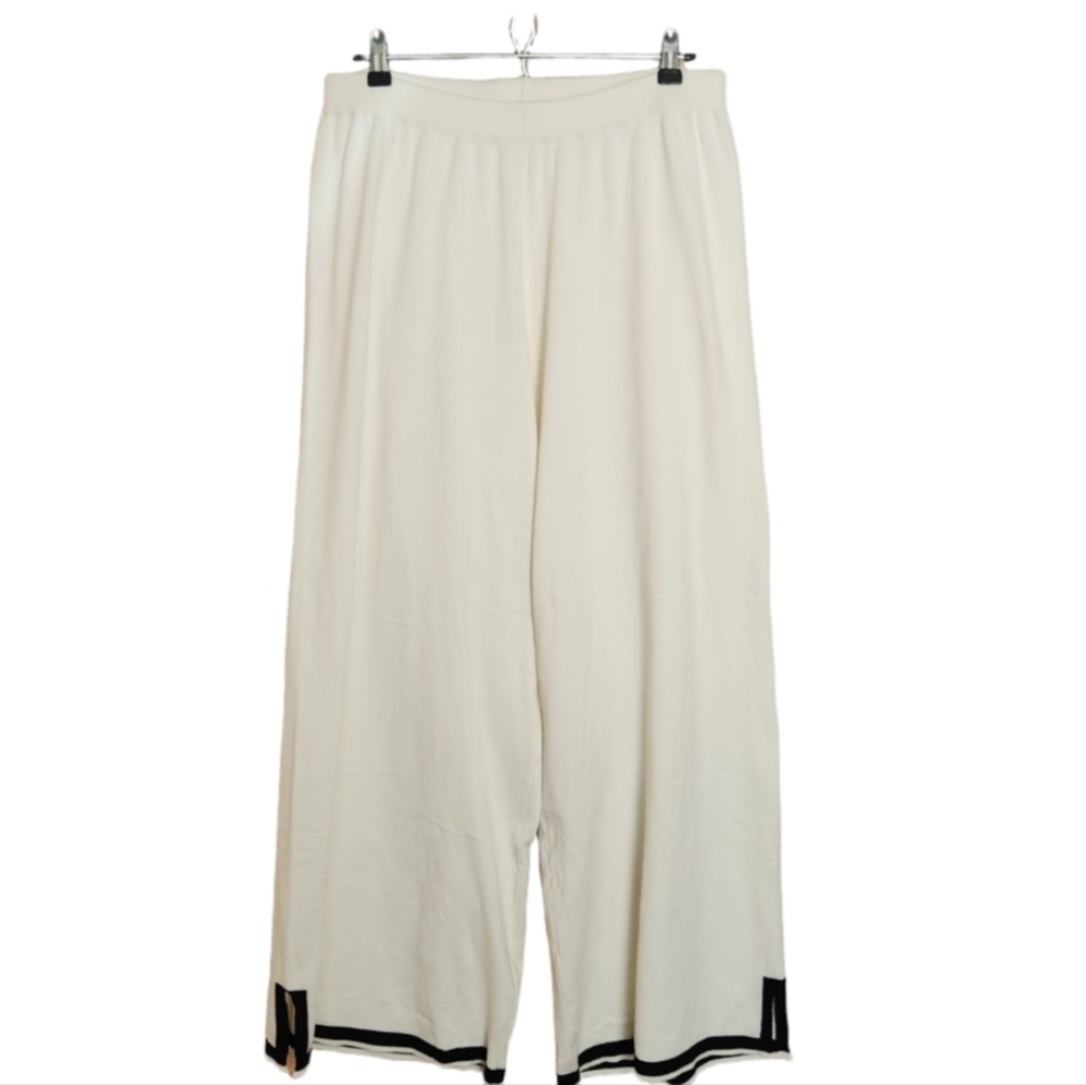 EKOUAER 2 PIECE KNIT LOUNGEWEAR SET CREAM BLACK WIDE LEG SHORT SLEEVE NWT XL - Picture 4 of 9